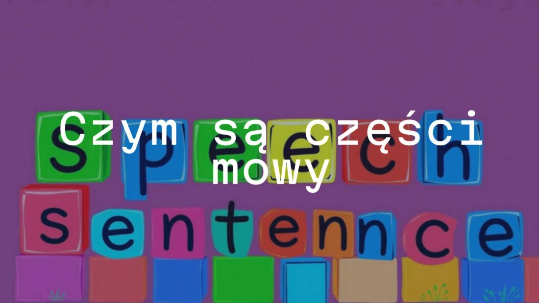 Illustration of colorful word blocks labeled with Polish parts of speech (like nouns, verbs, adjectives), arranged in a sentence structure, educational and vibrant style.