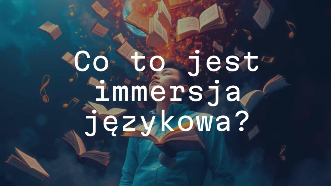 A person submerged in a bubble of books, headphones, and speech bubbles with foreign words, representing language immersion, vibrant and abstract style.