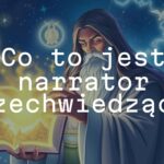 An all-knowing narrator as a mystical guide, holding a glowing book with floating characters and scenes inside, cosmic background, illustrative style, ethereal atmosphere.