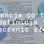A dictionary page with the word 'atencja' highlighted, surrounded by speech bubbles showing different interpretations like respect, attention, and admiration, vintage style.
