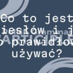 A visual representation of Polish grammar, featuring imiesłów (participle) concept, abstract and educational style, with flowing text elements and a clean, modern design.