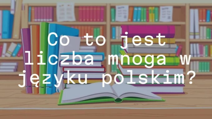 A group of colorful books on a wooden table, symbolizing plural nouns in Polish language, educational and clean background, illustrative style.