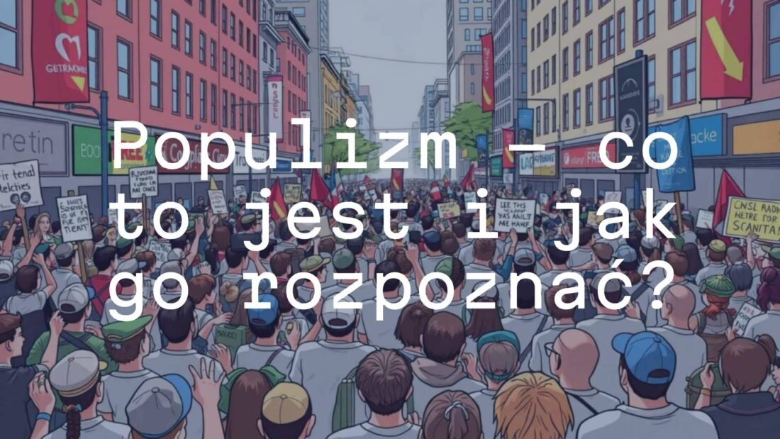Political crowd at a rally, divided between people and elites, protest atmosphere, urban setting, symbolic tension, illustrative style.