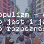 Political crowd at a rally, divided between people and elites, protest atmosphere, urban setting, symbolic tension, illustrative style.