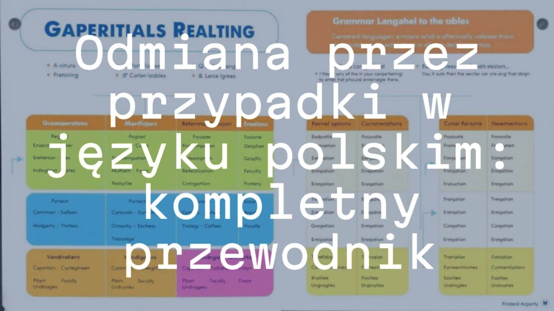 A colorful educational infographic showing Polish language noun declension tables, with examples of different cases, bright and clear typography, modern and clean design.