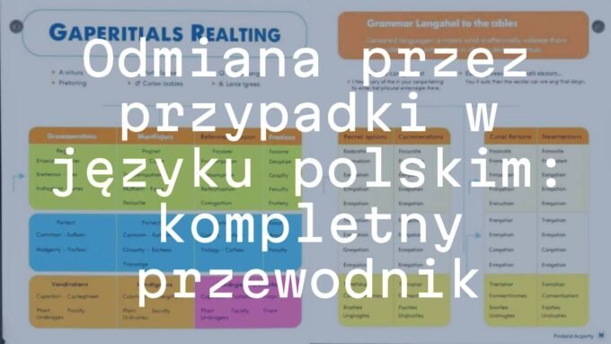 A colorful educational infographic showing Polish language noun declension tables, with examples of different cases, bright and clear typography, modern and clean design.