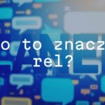 Youthful slang word 'rel' displayed in bold typography, modern digital background with chat bubbles, vibrant colors, relatable vibe.