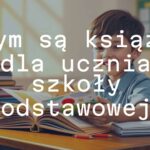 A smiling child reading a colorful textbook at a school desk, surrounded by stacked books, pencils, and a notebook, warm and inviting classroom light, realistic style.