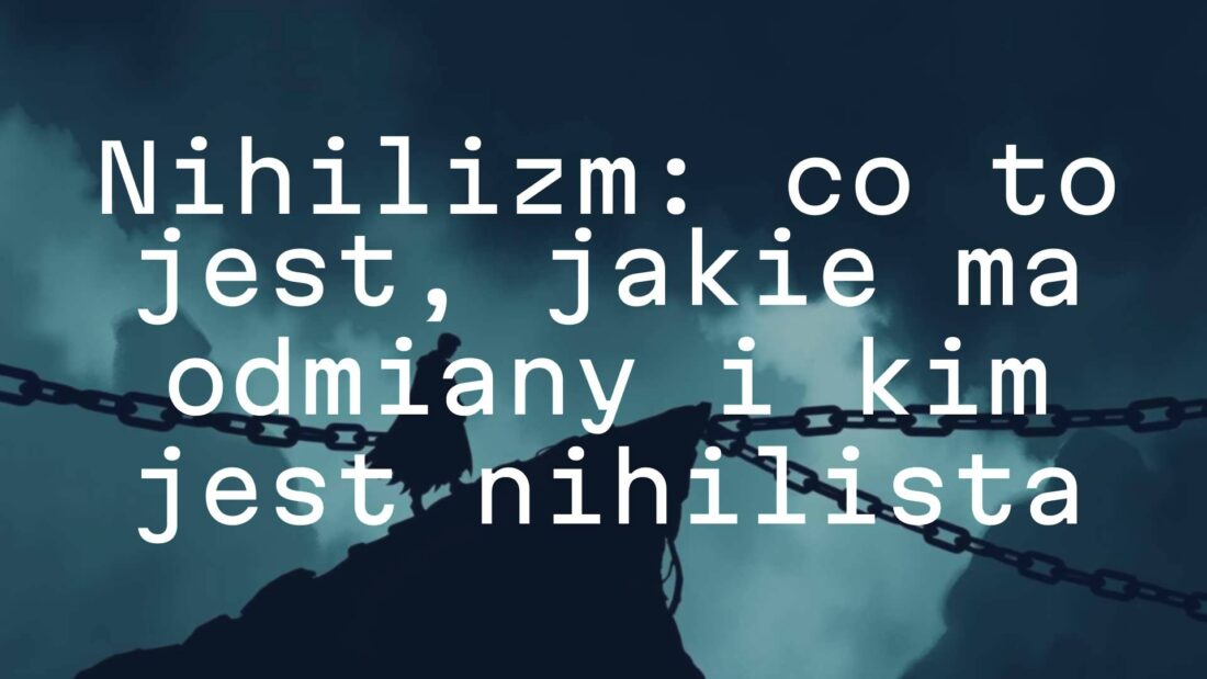 A dark and moody abstract illustration of nihilism, featuring a shadowy figure standing at the edge of a crumbling cliff, with a stormy sky and broken chains, symbolizing rejection of norms and values, dramatic lighting.