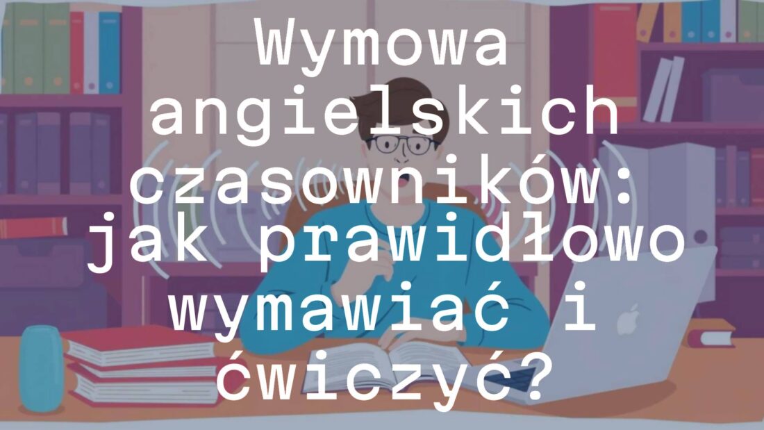 A person practicing English pronunciation with a speech bubble showing phonetic symbols, books and a laptop on a desk, cozy study atmosphere, illustrative style.