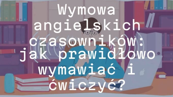 A person practicing English pronunciation with a speech bubble showing phonetic symbols, books and a laptop on a desk, cozy study atmosphere, illustrative style.