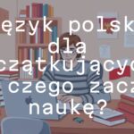 A beginner learning Polish language, studying alphabet and basic phrases, books and laptop on a desk, warm and inviting atmosphere, illustrative style.