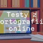 A laptop screen displaying an interactive Polish spelling test, colorful educational interface, books and notebook nearby, warm and inviting study atmosphere, digital illustration.