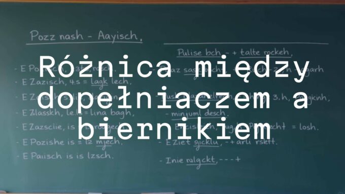 A chalkboard with Polish grammar rules, focusing on dopełniacz and biernik cases, written in Polish, educational atmosphere, realistic.