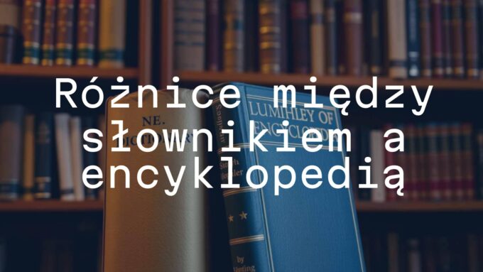 A dictionary and an encyclopedia side by side on a wooden bookshelf, cozy library lighting, realistic.