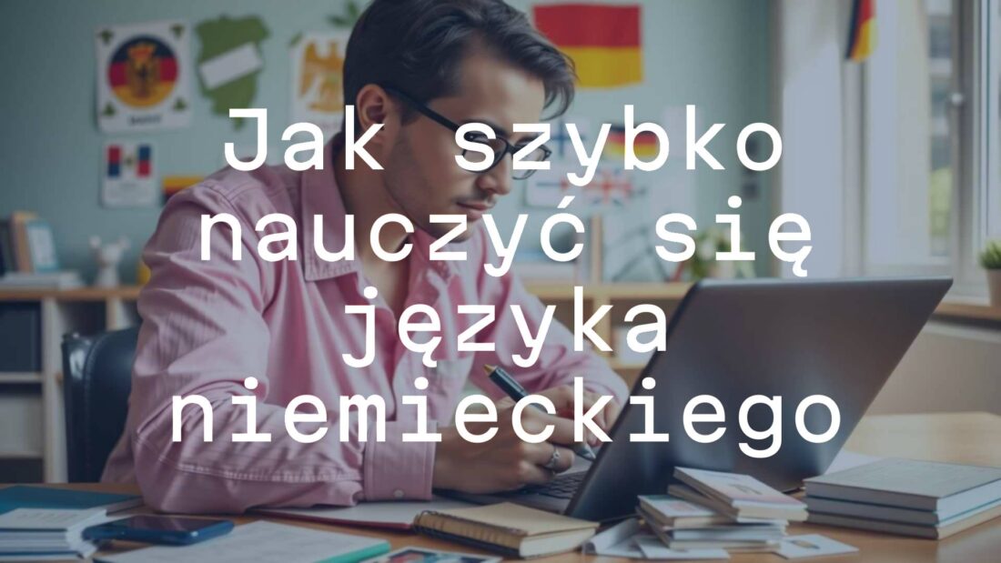 A person studying German with a laptop, notebook, and flashcards, surrounded by German language media, bright and motivational atmosphere, realistic.