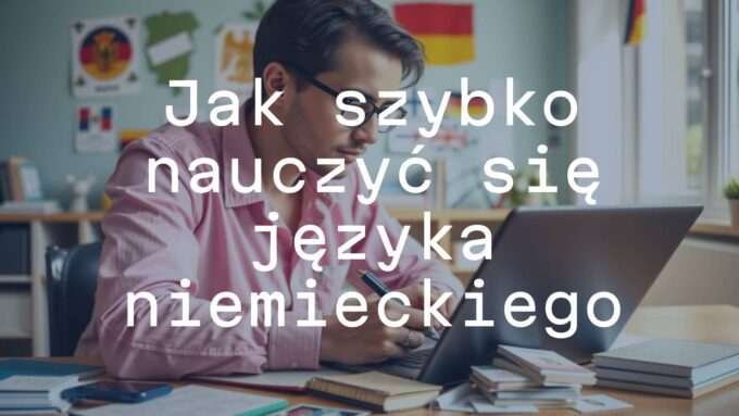 A person studying German with a laptop, notebook, and flashcards, surrounded by German language media, bright and motivational atmosphere, realistic.